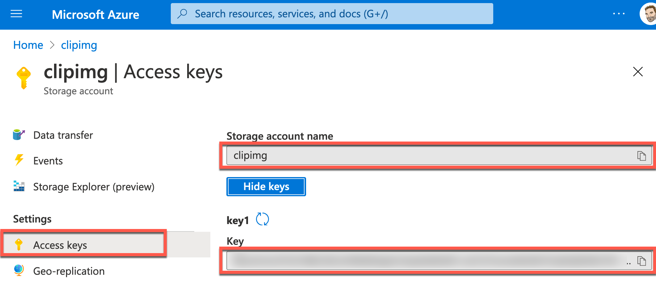 Azure portal storage account name and key